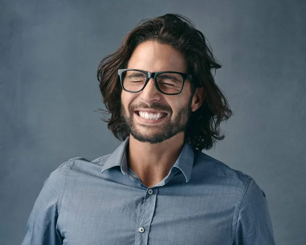 Hope Theyll Help See Better Handsome Young Man Posing Grey — Stock Photo, Image