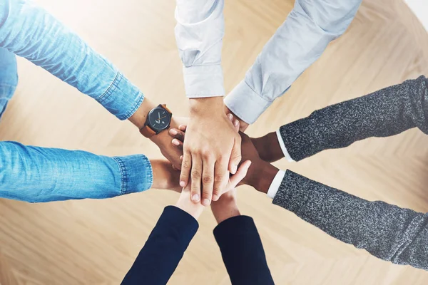 stock image Plan, mission or hands of business people in support for faith, teamwork or partnership in office. Diversity or above of employees in group collaboration with hope or strategy for goals together.