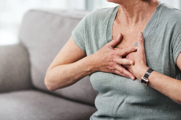Heart Attack Chest Pain Sick Senior Woman Asthma Her Home — Stock Photo, Image