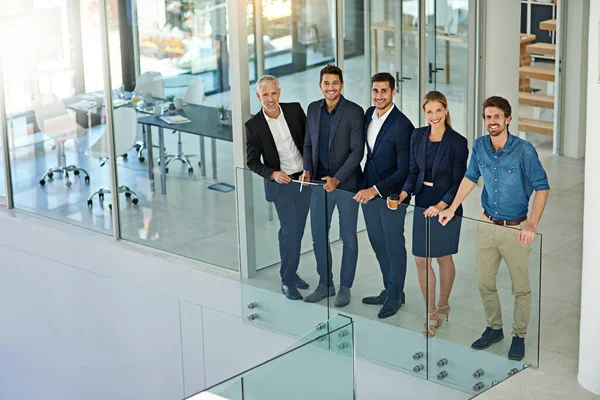 They share the common goal of success. Portrait of a group of smiling colleagues standing together in a modern office