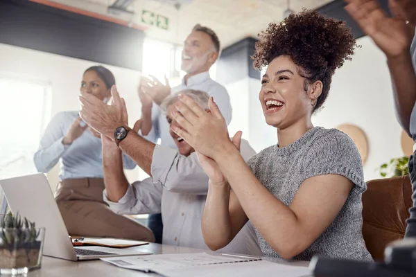 Well Done Reward Itself Group Businesspeople Clapping Conference Modern Office — Stock Photo, Image