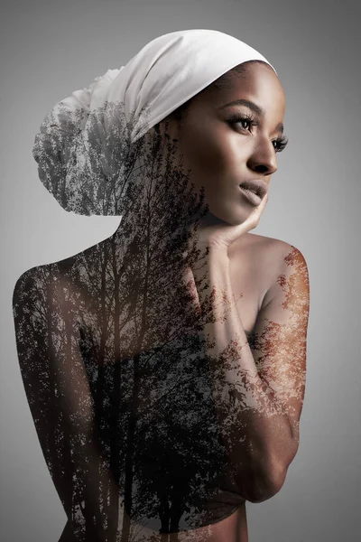 Headscarf Beauty Double Exposure Black Woman Studio Culture Mockup Cosmetics — Stock Photo, Image