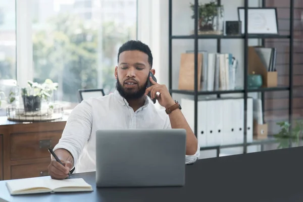 Laptop Phone Call Notebook Business Man His Desk Office Communication — Stock Photo, Image