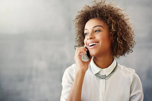 Success Brings Smile Anyones Face Young Woman Talking Cellphone Her — Stock Photo, Image