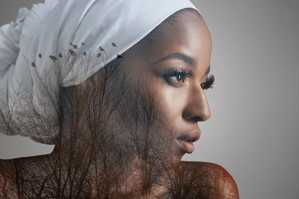 Beauty Double Exposure Profile Black Woman Studio Culture Mockup Cosmetics — Stock Photo, Image