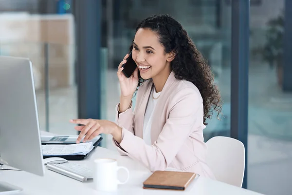 Computer, consulting and phone call with business woman in office for networking, negotiation or contact. Communication, technology and planning with female employee for online, project or connection.