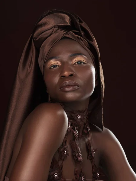 Portrait Fashion Black Woman Makeup Tradition Stylish Girl Dark Studio — Stock Photo, Image