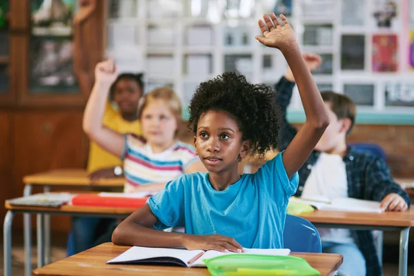 Encouraging Engagement Diverse Group Children Sitting School Classroom Raising Hands — Stock Photo, Image