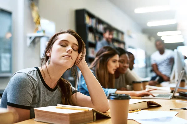 Woman Tired Books Studying Library College Campus Stress Anxiety Burnout — Stock Photo, Image
