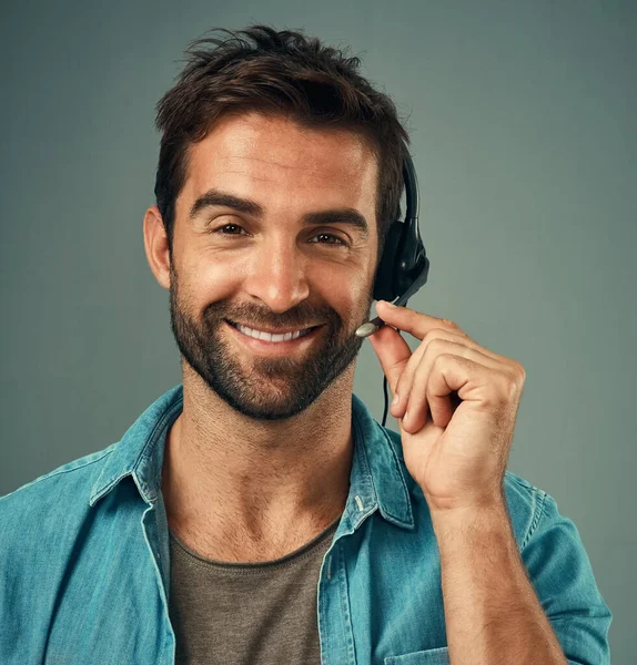Happy Man Headphones Portrait Call Center Consultant Grey Studio Background — Stock Photo, Image