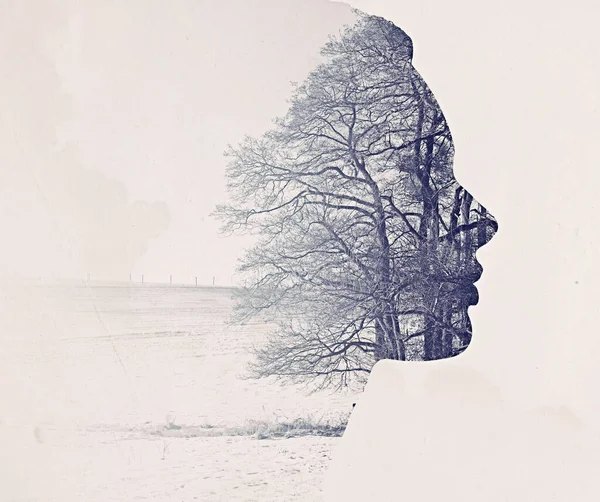 Γυναίκα Πρόσωπο Και Δέντρο Διπλή Έκθεση Και Φύση Δημιουργικότητα Και — Φωτογραφία Αρχείου
