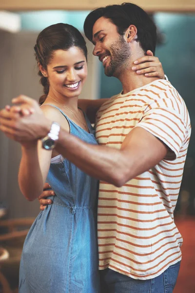 Makes Feel Only Girl World Affectionate Young Couple Dancing Kitchen — Stock Photo, Image