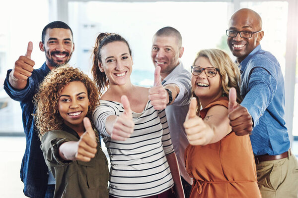 Yes, thumbs up portrait and business people with diversity, winner and thank you like sign of staff. Office, happiness and success of worker group with support, teamwork and motivation for company.