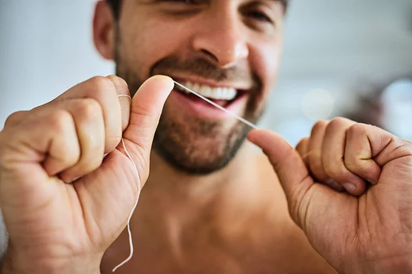 Hands Face Man Floss Teeth Smile Dental Health Care Gum — Stock Photo, Image