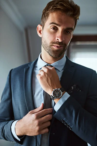 Time Get Day Started Handsome Young Man Dressing Himself Home —  Fotos de Stock