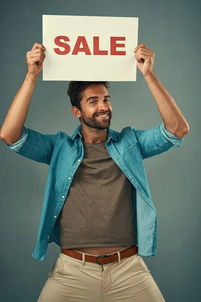 Happy Man Sale Billboard Poster Advertising Marketing Branding Γκρι Φόντο — Φωτογραφία Αρχείου
