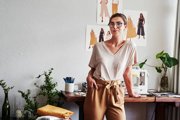 Moda Diseño Retrato Con Mujer Taller Estudio Para Creatividad Visión — Foto de Stock