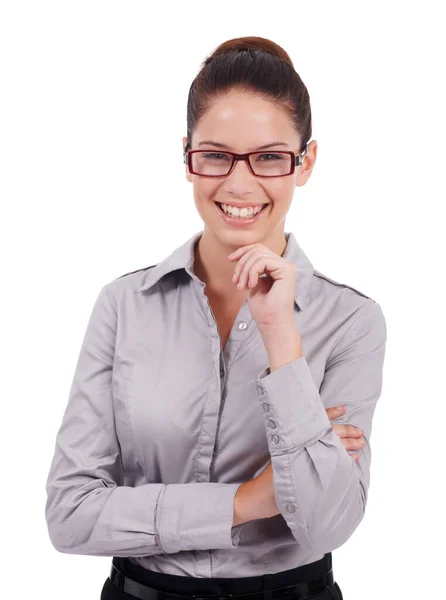 Portret Studyjny Uśmiech Kobieta Biznesu Zadowolona Profesjonalnej Pracy Prawnej Sukcesu — Zdjęcie stockowe