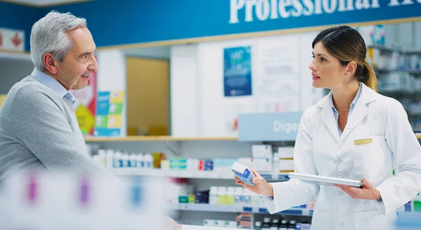 Pharmacy Product Elderly Customer Woman Helping Patient Client Person Pharmaceutical — Stock Photo, Image