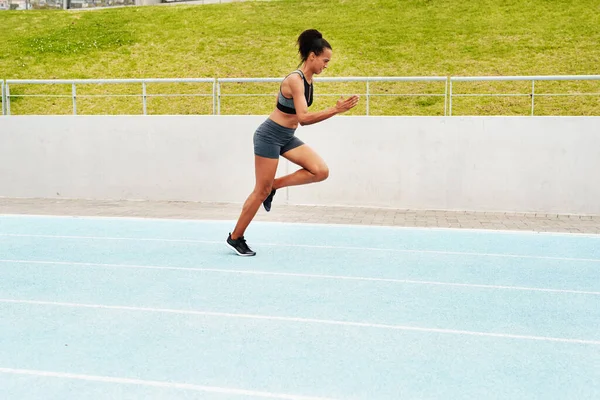 Kadın Antrenman Fiziksel Egzersiz Egzersiz Için Stadyum Pistinde Kardiyo Koşu — Stok fotoğraf