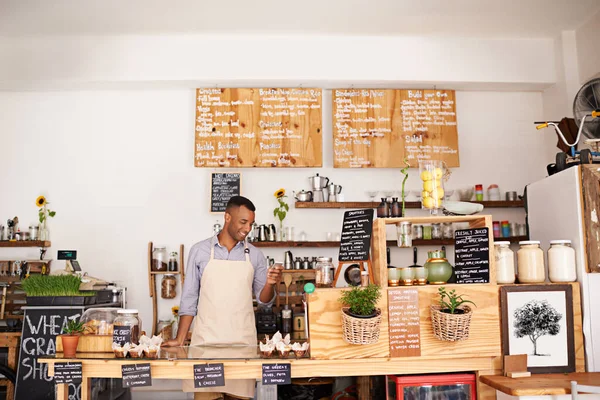 Hombre Negro Trabajador Cafetería Teléfono Empresario Con Felicidad Pequeña Empresa — Foto de Stock