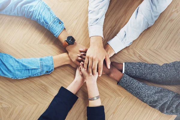stock image Vision, planning or hands of business people in support for faith, community or strategy in startup office. Teamwork, above or employees in group collaboration with hope or mission for goals together.