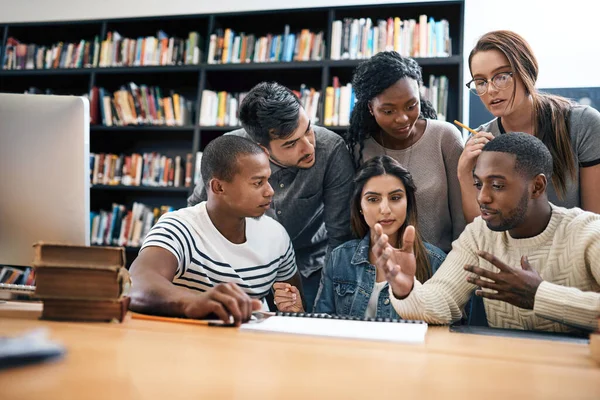 Studenten Bibliotheek Samen Studeren Discussiëren Examen Onderzoek Voor Project Onderwijs — Stockfoto