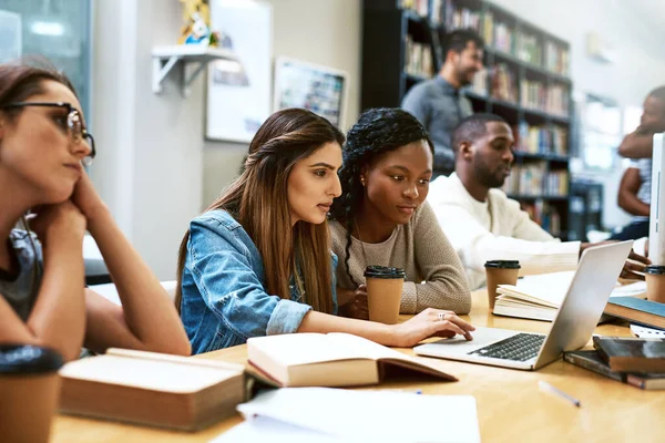 Laptop Bibliotheek Universiteitsmeisjesstudenten Die Samen Studeren Voor Onderwijs Ter Voorbereiding — Stockfoto