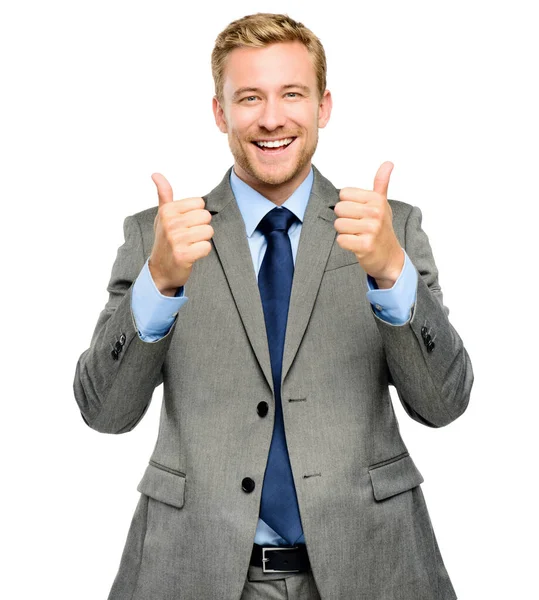 Business Ready Handsome Young Businessman Standing Alone Studio Showing Thumbs — Stock Photo, Image