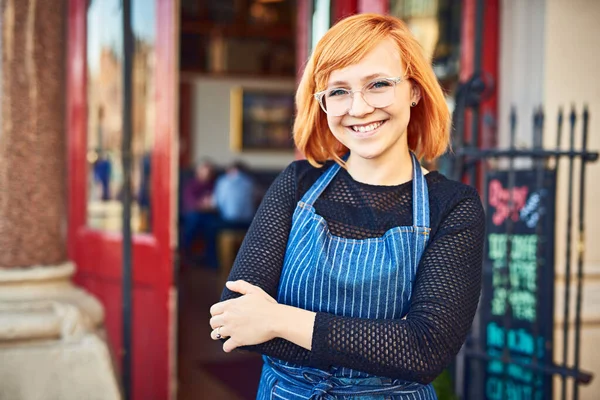 Proud Startup Young Business Owner Standing Her Cafe — Stock Photo, Image