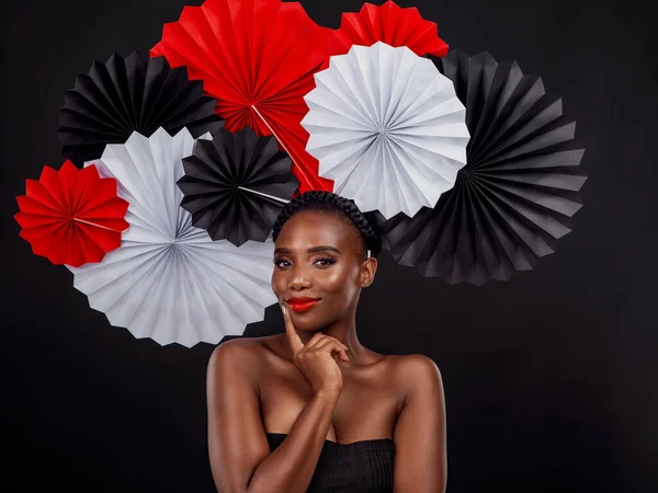 Beauty Portrait Black Woman Origami Fans Studio Isolated Dark Background — Stock Photo, Image