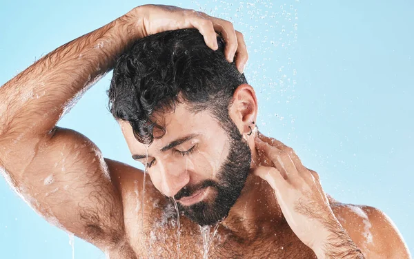 Hair Care Face Water Splash Man Shower Studio Isolated Blue — Stock Photo, Image