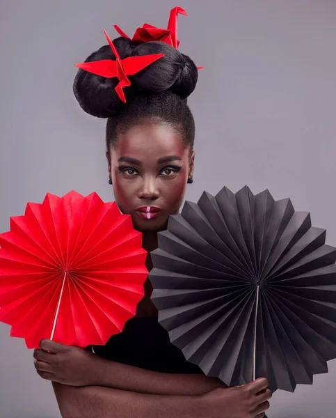 Portrait Makeup Origami Black Woman Studio Creative Art Culture Traditional — Stock Photo, Image