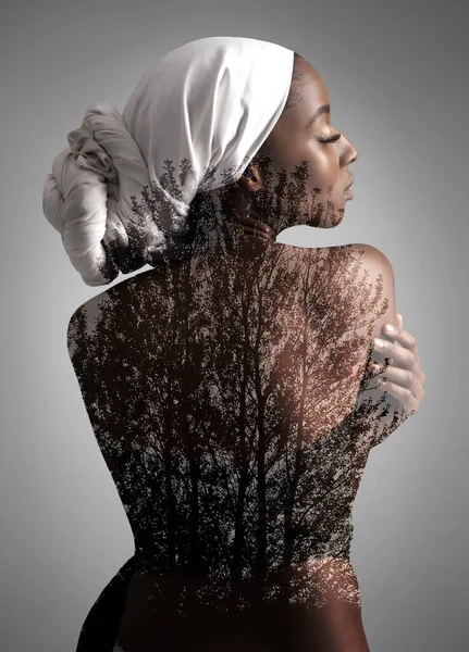 Dupla Exposição Beleza Costas Corpo Mulher Negra Estúdio Para Criativos — Fotografia de Stock