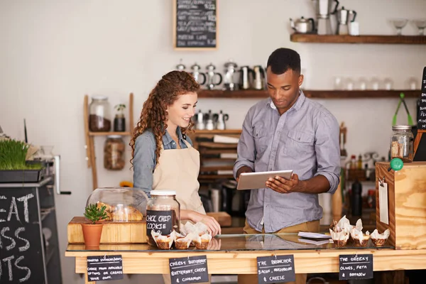 Tablet Restaurant Owner Teamwork People Discussion Manage Orders Store Waiters — Stock Photo, Image