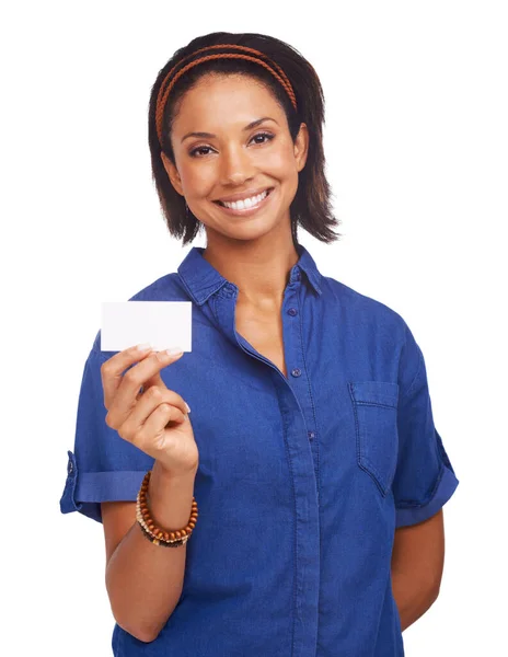 Heres Meu Cartão Uma Mulher Afro Americana Mostrando Lhe Cartão — Fotografia de Stock