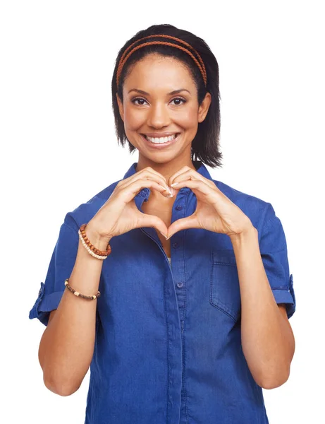 Láska Světlo Krásná Afroameričanka Která Dává Znamení Srdce — Stock fotografie