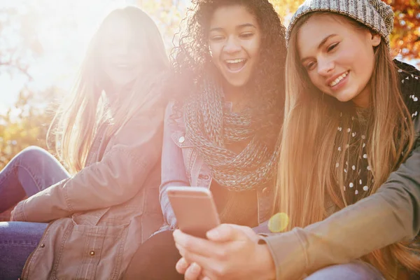 Wow Selfie Amazing Group Friends Hanging Out Together Autumn Day — Stock Photo, Image