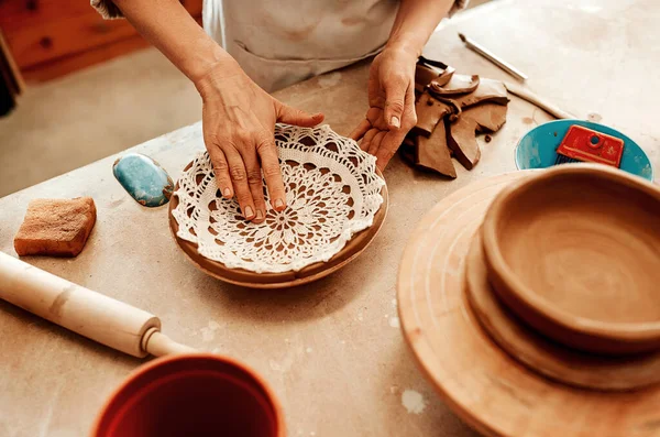 Pattern Add Much Detail Unrecognizable Artisan Working Pottery Workshop — Stock Photo, Image