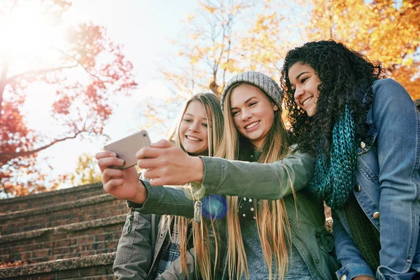 Relaksuje Się Moimi Ulubionymi Ludźmi Grupa Młodych Przyjaciół Pozowanie Selfie — Zdjęcie stockowe