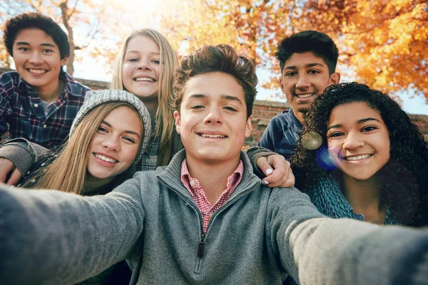 青少年 公园里的一群朋友和自拍者 大自然或倒下的树木 青少年的微笑 社交媒体上的友谊和幸福的图片 肖像画 脸和不同的人在一起拍秋天的照片 — 图库照片