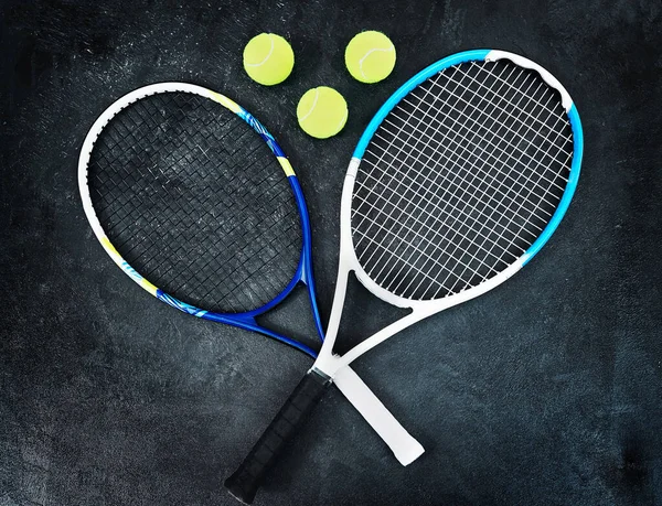Opponents Now High Angle Shot Tennis Essentials Placed Top Dark — Stock Photo, Image