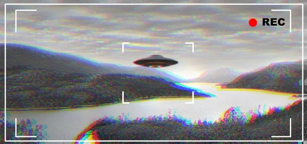 Ufo 외계인 카메라맨 침공을 상공을 비행하는 우주선 있습니다 카메라 우주선 — 스톡 사진