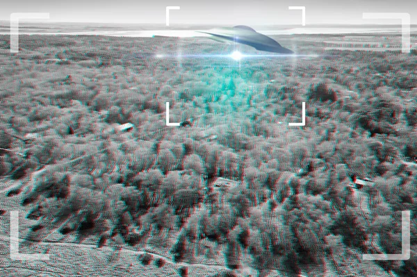 Ufo Прибульці Видошукач Камери Космічним Кораблем Літає Небі Над Зоною — стокове фото