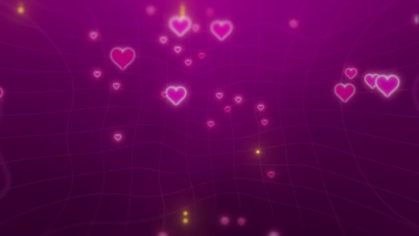 ハート 絵文字や愛 バレンタインデーやグラフィックパターンのためのアニメーションのネオンの背景に落ちます 幾何学的な心やロマンスのために浮かぶ愛のアイコン 日付またはピンクの効果と輝く形 — ストック動画