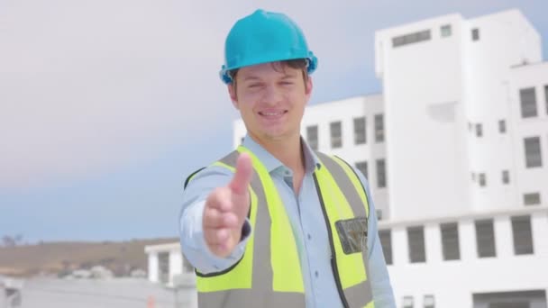 Architekt Bauarbeiter Und Mann Mit Handschlag Gesicht Und Architektur Mit — Stockvideo