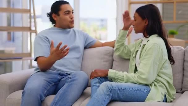 Couple Argument Conflict Disagreement Sofa Living Room Dispute Arguing Home — Stock Video