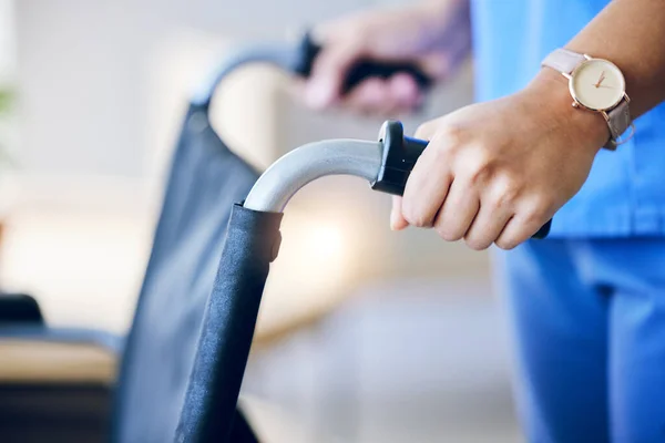 Woman Hands Closeup Wheelchair Handles Nursing Home Rehabilitation Help Care — Stock Photo, Image
