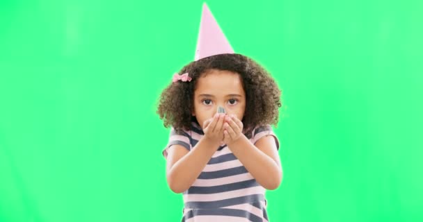 Little Girl Birthday Blowing Confetti Green Screen Party Celebration Isolated — Stock Video