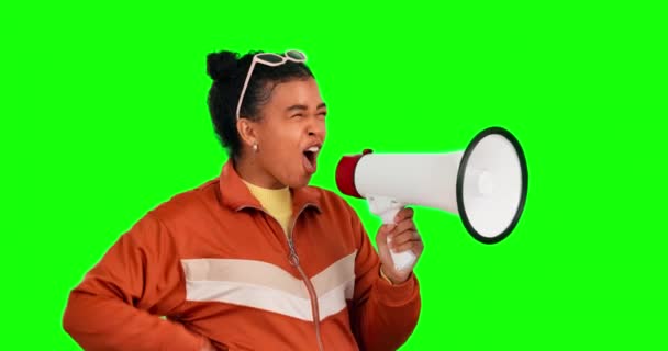 Megafone Tela Verde Mulher Zangada Gritar Parar Propaganda Discriminação Opressão — Vídeo de Stock